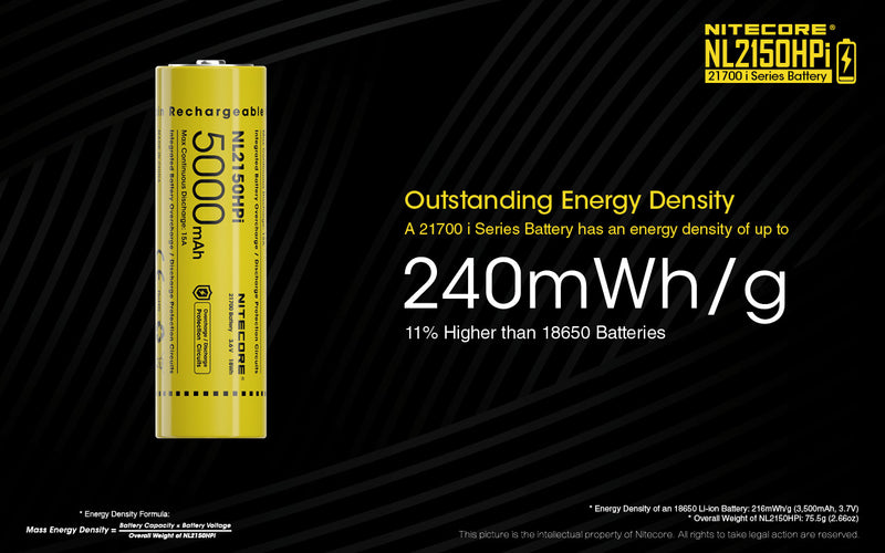 Nitecore NL2150HPi 21700 i Series Battery is outstanding energy density of up to 240 mWh/g.