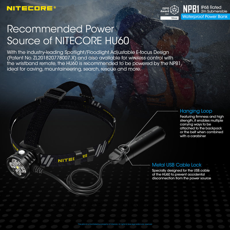 Nitecore NPB1 is recommend power  source of Nitecore HU 60 headlamp. .
