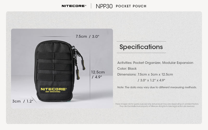 Nitecore NDP30 Pocket Pouch with specifications.