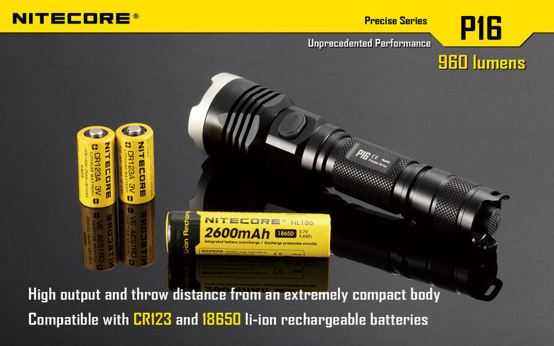 Nitecore P16 Ultra High Intensity Tactical Flashlight Boasts a maximum output of up to 960 lumens with high output and throw distance from an extremely compact body.