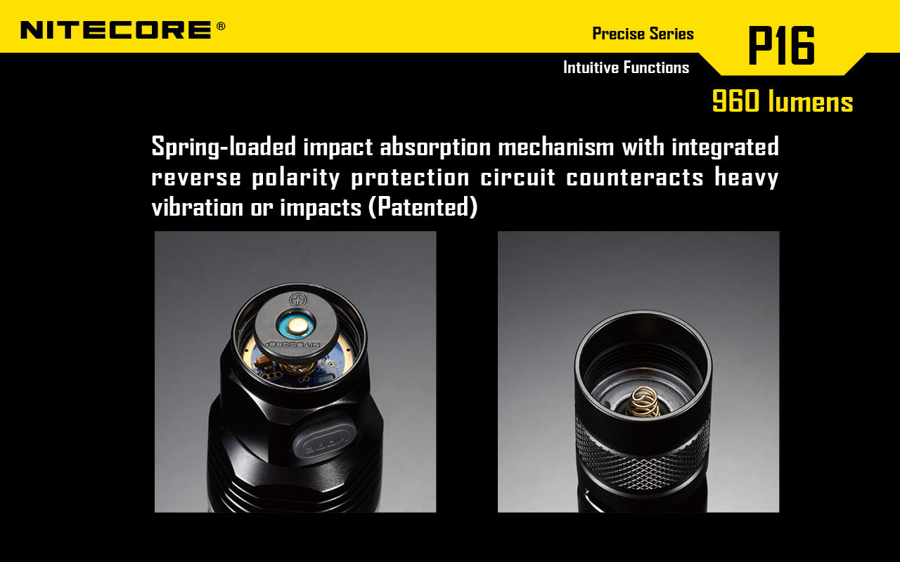 Nitecore P16 Ultra High Intensity Tactical Flashlight Boasts a maximum output of up to 960 lumens with spring loaded impact absorption mechanism with integrated reverse polarity protection circuit counteracts heavy vibration or impacts.