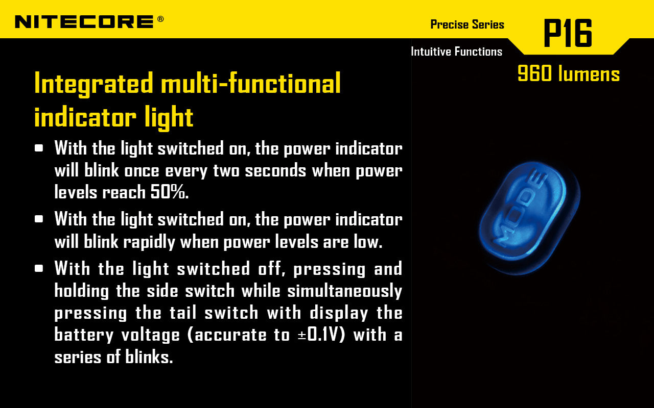 Nitecore P16 Ultra High Intensity Tactical Flashlight Boasts a maximum output of up to 960 lumens with integrated multi functional indicator light.