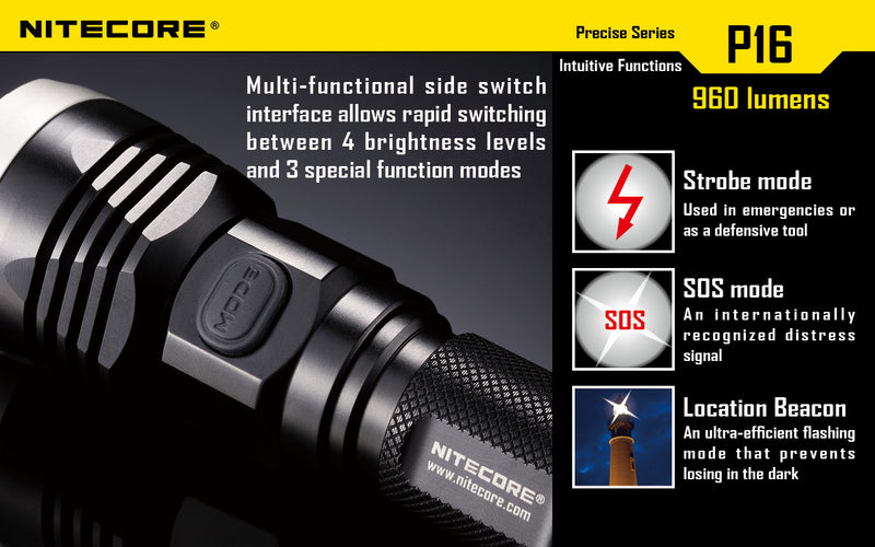 Nitecore P16 Ultra High Intensity Tactical Flashlight Boasts a maximum output of up to 960 lumens with multi functional side switch interface allows rapid switching between 4 brightness levels.