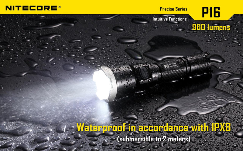 Nitecore P16 Ultra High Intensity Tactical Flashlight Boasts a maximum output of up to 960 lumens with waterproof in accordance with IPX8