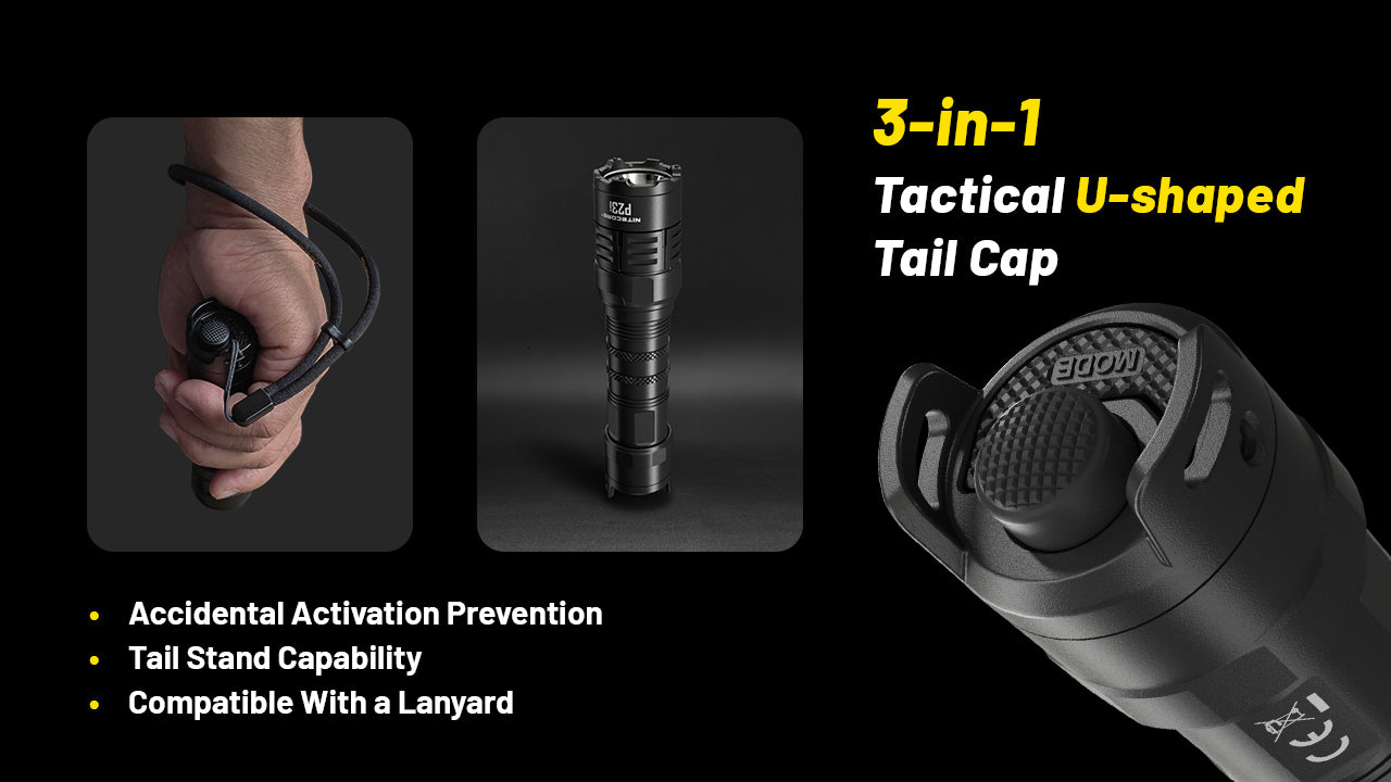 Nitecore P23i i-Generation Long Range 21700 Tactical Flashlight with 3 in 1 Tactical U Shaped Tail Cap.