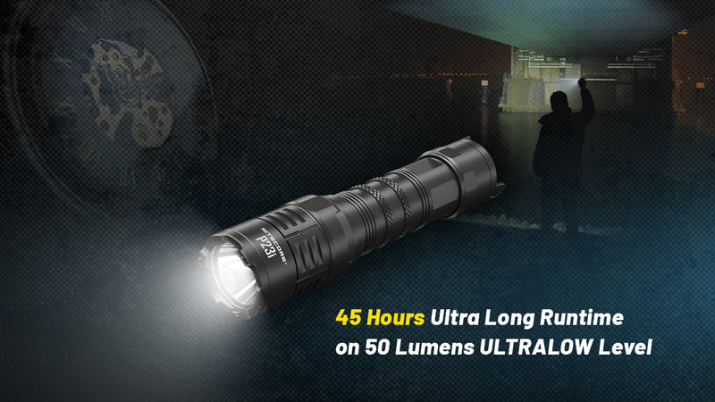 Nitecore P23i i-Generation Long Range 21700 Tactical Flashlight with 45 hours Ultra Long Runtime on 5 lumens ultra level.