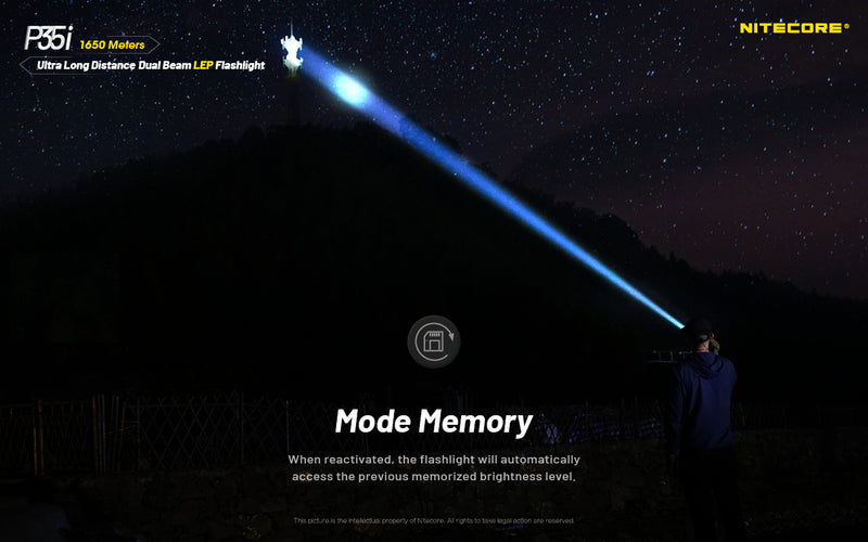 Nitecore P35i Ultra Long Distance Dual Beam LEP flashlight with mode memory.