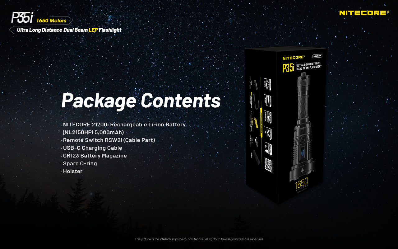 Nitecore P35i Ultra Long Distance Dual Beam LEP flashlight with package contents.