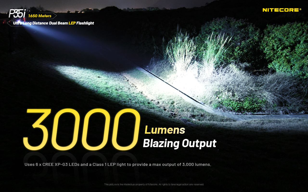 Nitecore P35i Ultra Long Distance Dual Beam LEP with 3000 lumens blazing output.