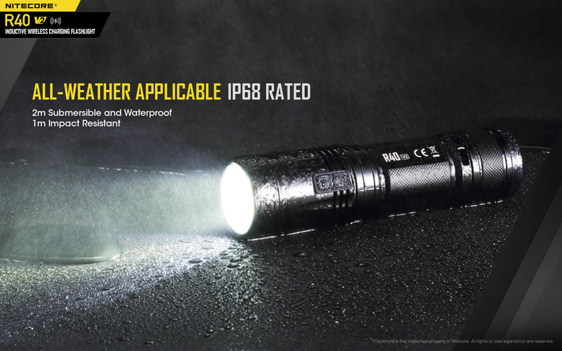 Nitecore R40 Inductive Wireless Charging Flashlight with all weather applicable ipp68 rtaed.