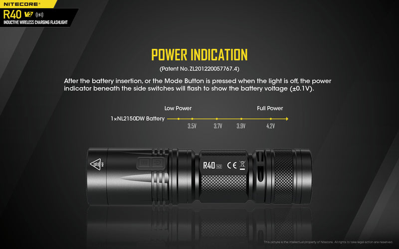 Nitecore R40 V2 Inductive Wireless Charging Flashlight with power indication.