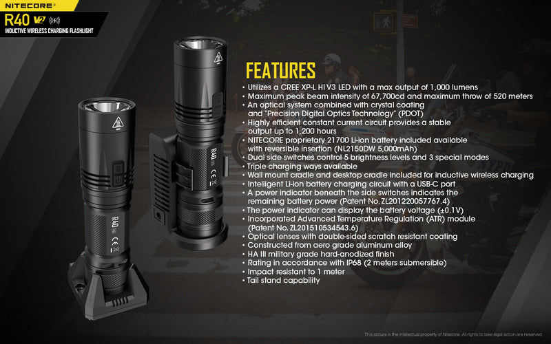 Nitecore R40 V2 Inductive Wireless Charging Flashlight with features.