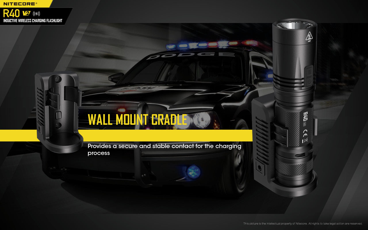 Nitecore R40 V2 Inductive Wireless Charging Flashlight with wall mount cradle.