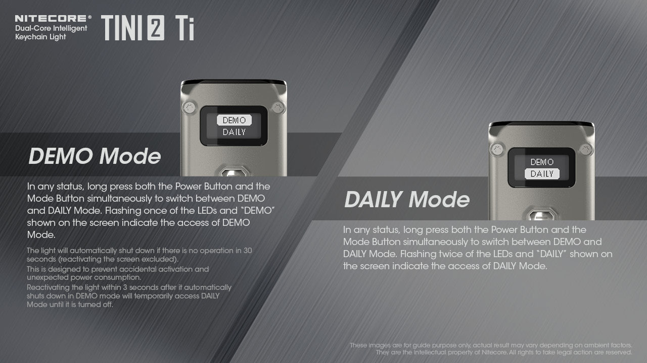 Nitecore Tini2 Ti Titanium with dual core intelligent keychain light with demo mode and daily mode.