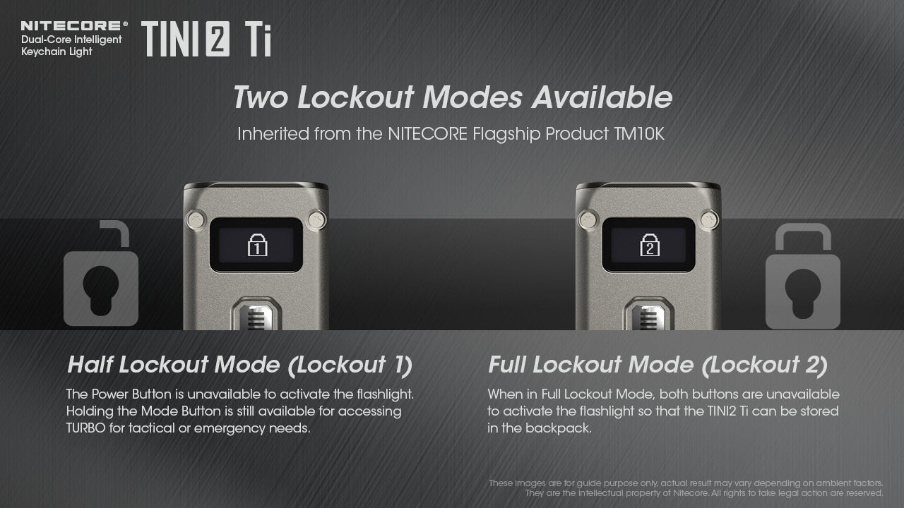 Nitecore Tini2 Ti Titanium with dual core intelligent keychain light with two lockout modes available.