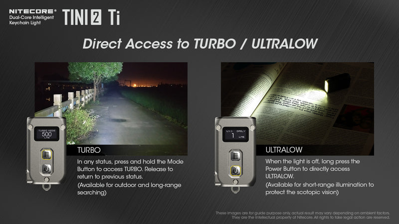 Nitecore Tini2 Ti Titanium with dual core intelligent keychain light with direct access to turbo and ultralow.