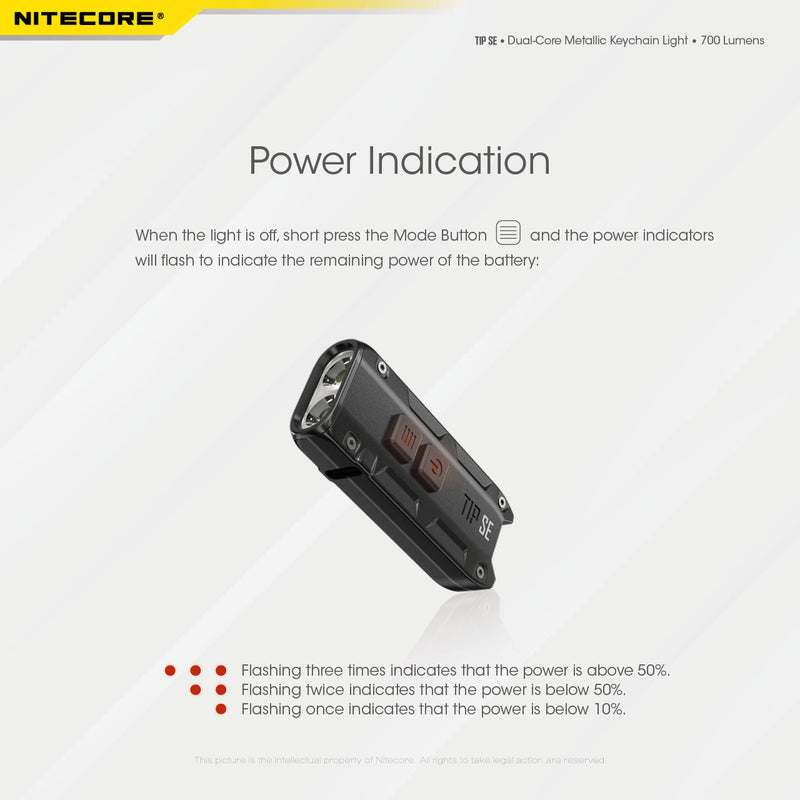 Nitecore TIP SE Dual Core Metallic Key chain light with power indication.