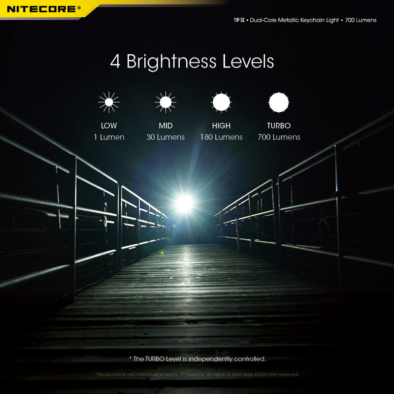Nitecore TIP SE Dual Core Metallic Key chain light with 4 brightness levels.