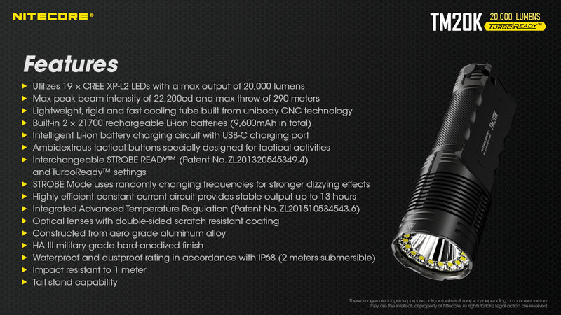 Nitecore TM20K 20000 lumens searchlight with special features.