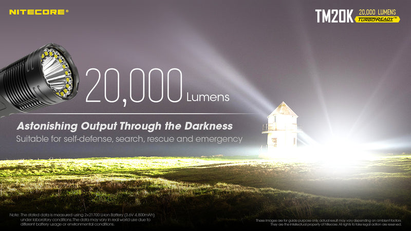 Nitecore TM20K 20000 lumens searchlight suitable for self defense, search, rescue and emergency.