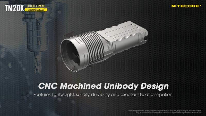 Nitecore TM20K 20000 lumens searchlight  with CNC machined unibody design.