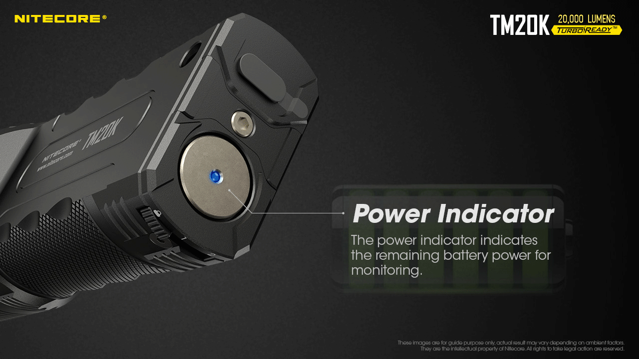 Nitecore TM20K 20000 lumens searchlight with power indicator.