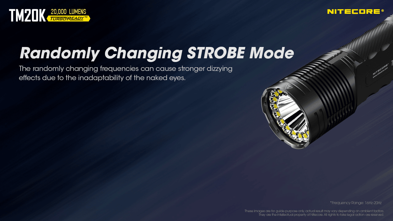 Nitecore TM20K 20000 lumens searchlight with randomly changing strobe mode.