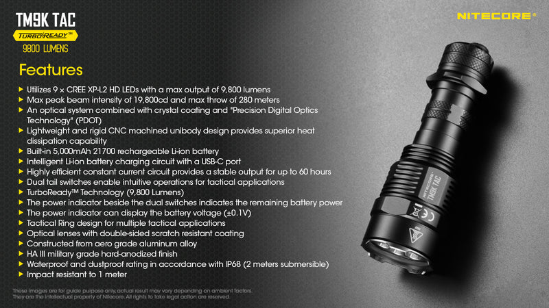 Nitecore TM9K TAC 9800 lumens Turbo Ready Tactical Rechargeable LED Flashlight with features.