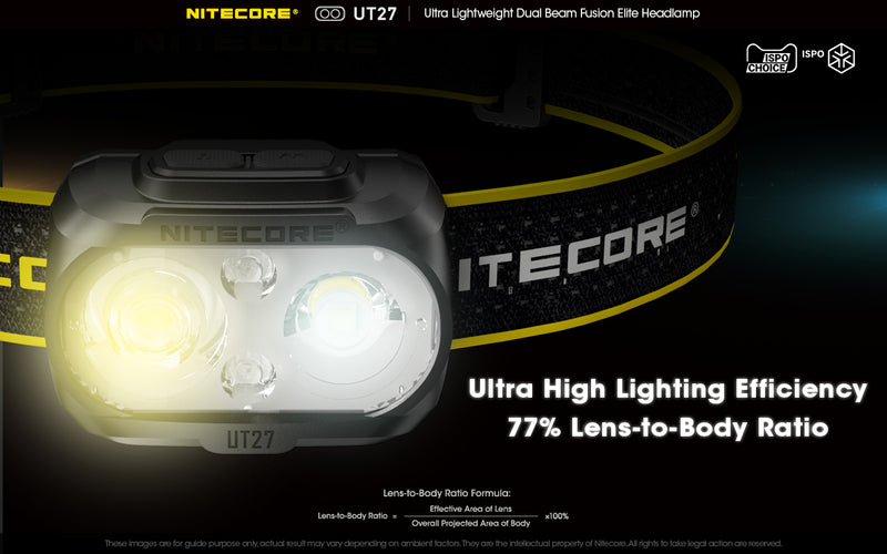Nitecore UT27 Ultralight weight Dual Beam Fusion Headlamp with ultra high lighting efficiency 77% lens to body ratio.