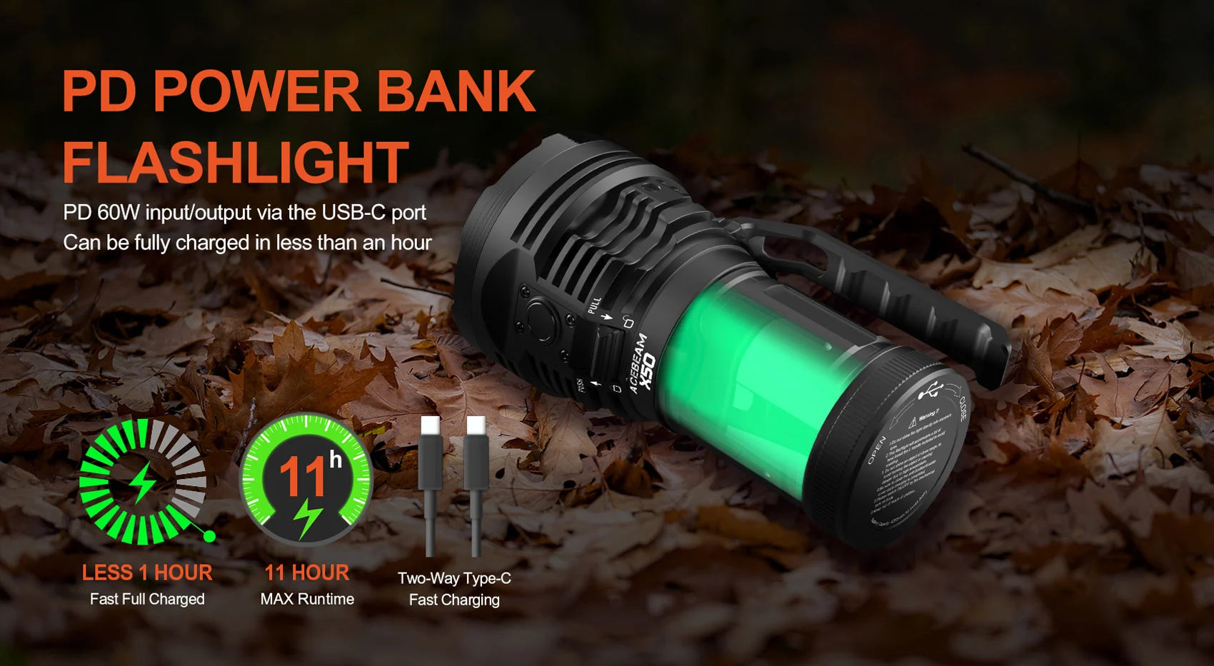 Acebeam X50 V2.0 Flashlight | 45000 Lumens Power Bank & Fast Charging