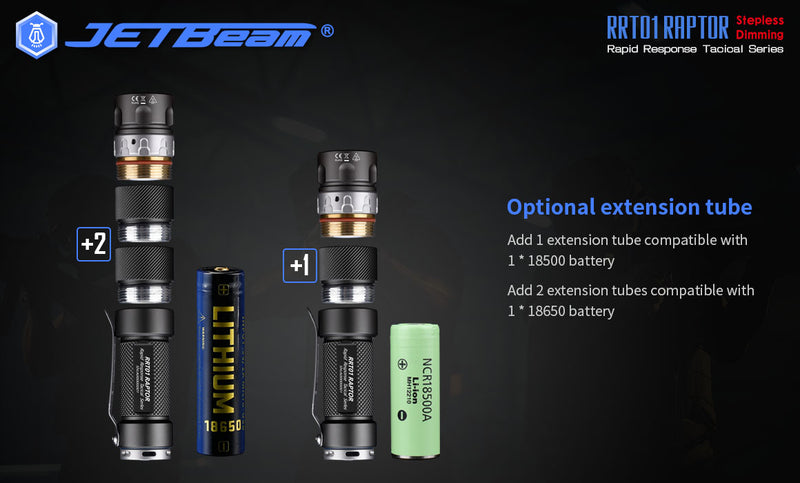 JETBeam RRT01 Raptor Stepless Dimming Rapid Response Flashlight with optional extension tube.