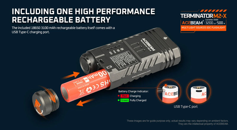 Acebeam Terminator M2-X Flashlight which including one high performance rechargeable battery.