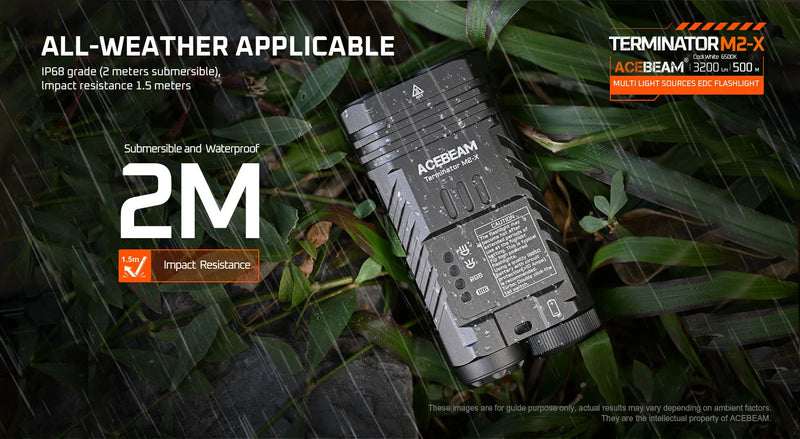 Acebeam Terminator M2-X Flashlight with all weather applicable.