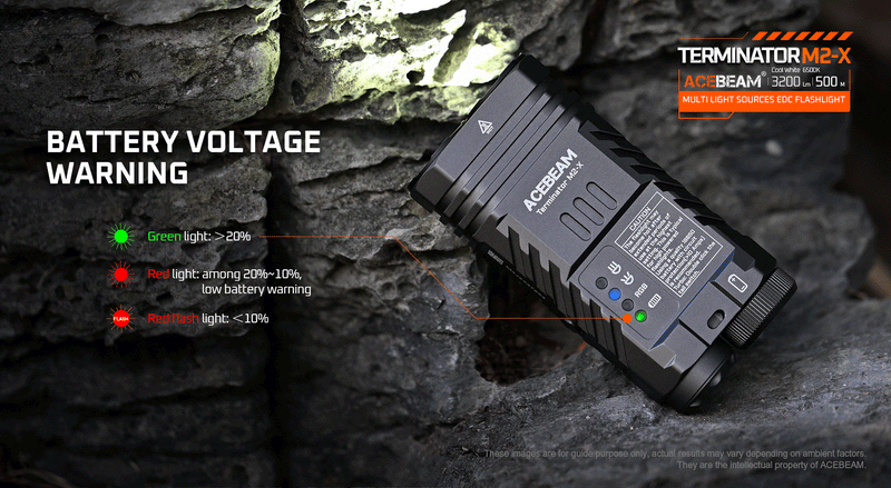 Acebeam Terminator M2-X Flashlight with battery voltage warning.