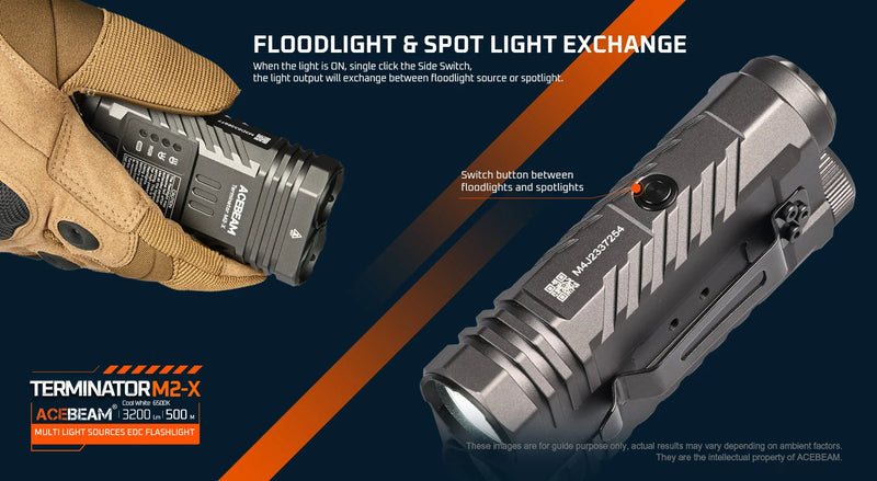 Acebeam Terminator M2-X Flashlight with floodlight and spot light exchange.