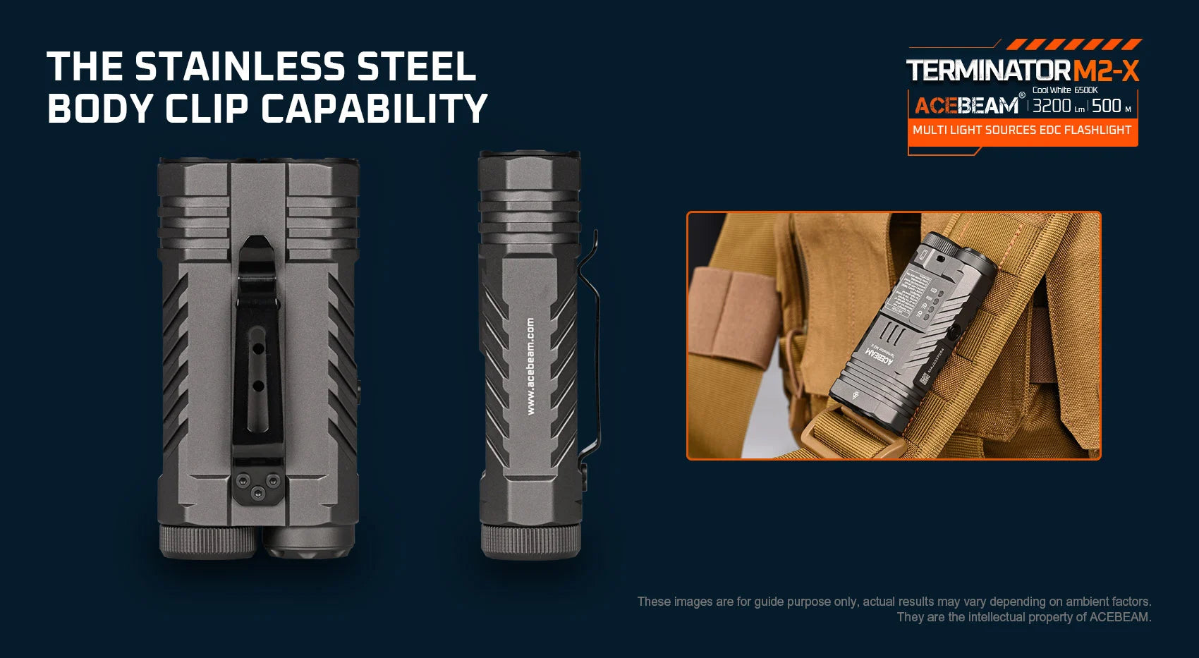 Acebeam Terminator M2-X Flashlight with the stainless steel body clip capability.