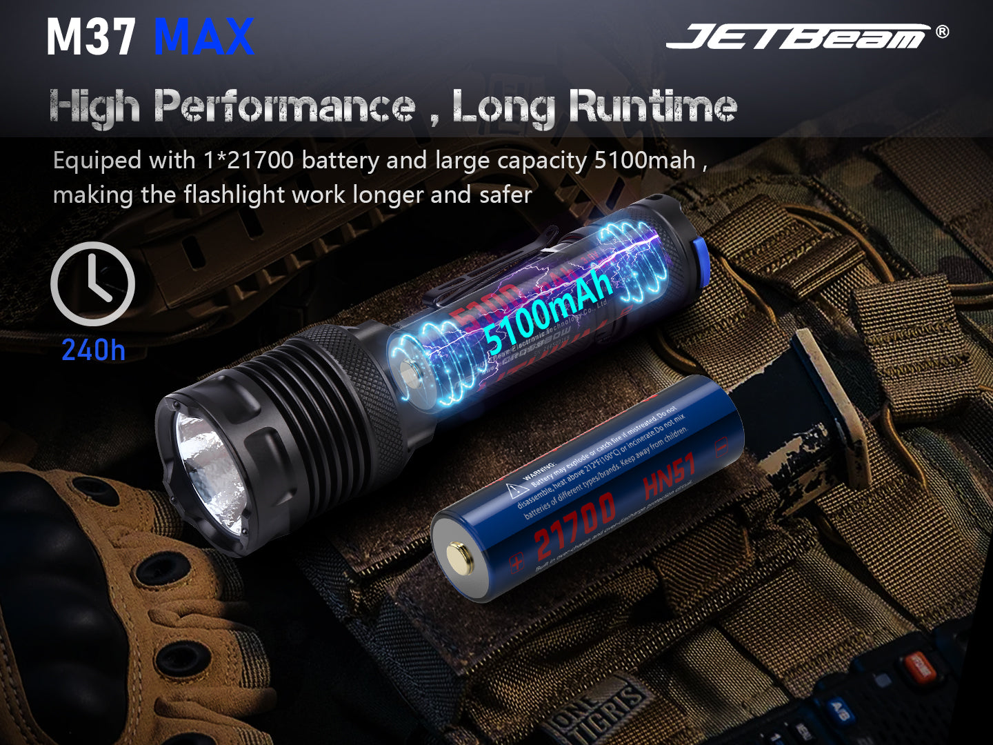 JETBeam M37 MAX Tactical Flashlight with 21700 battery and large capacity 5100 mah for high performance and long runtime.
