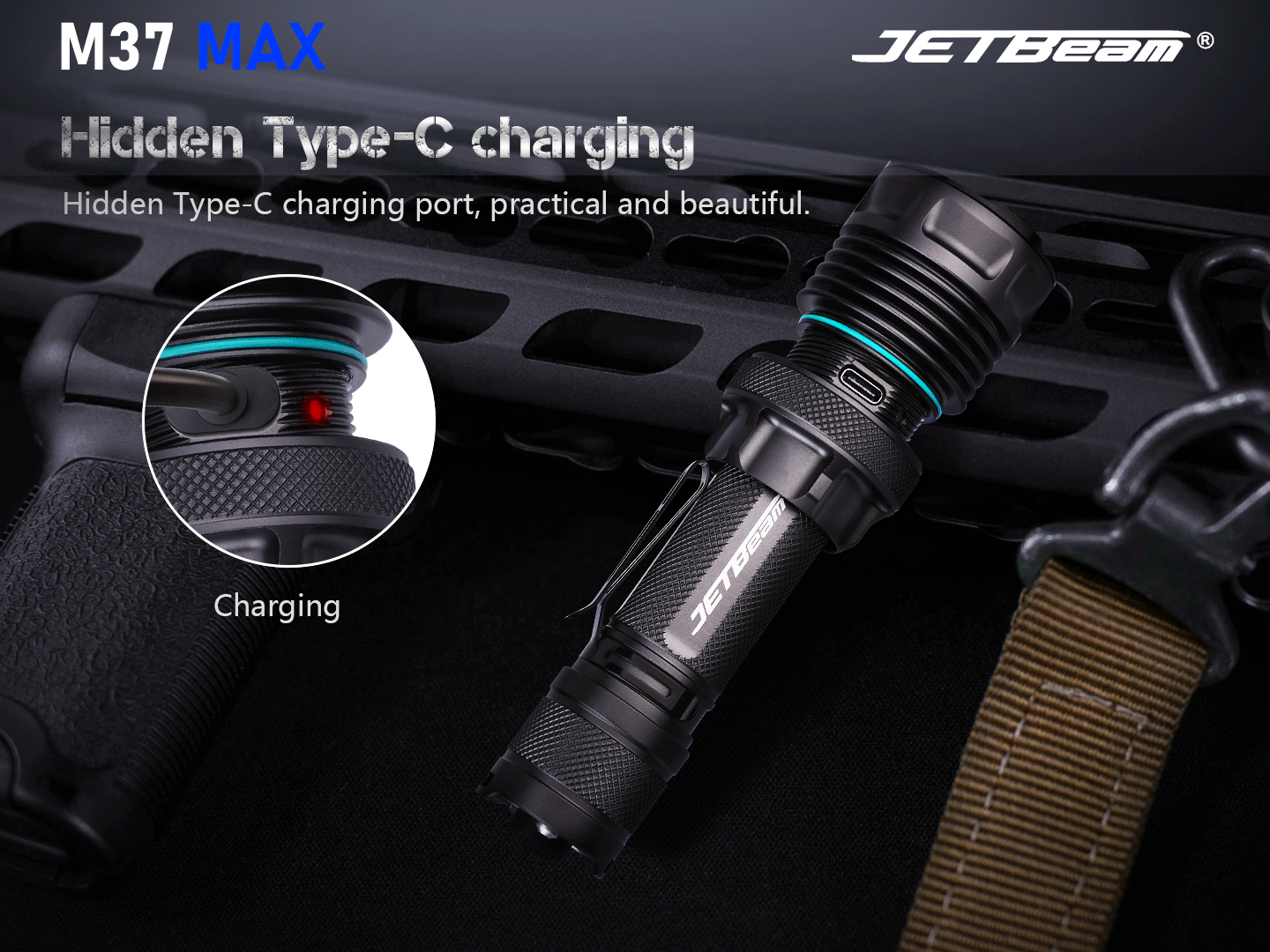 JETBeam M37 MAX Tactical Flashlight with hidden type c charging.