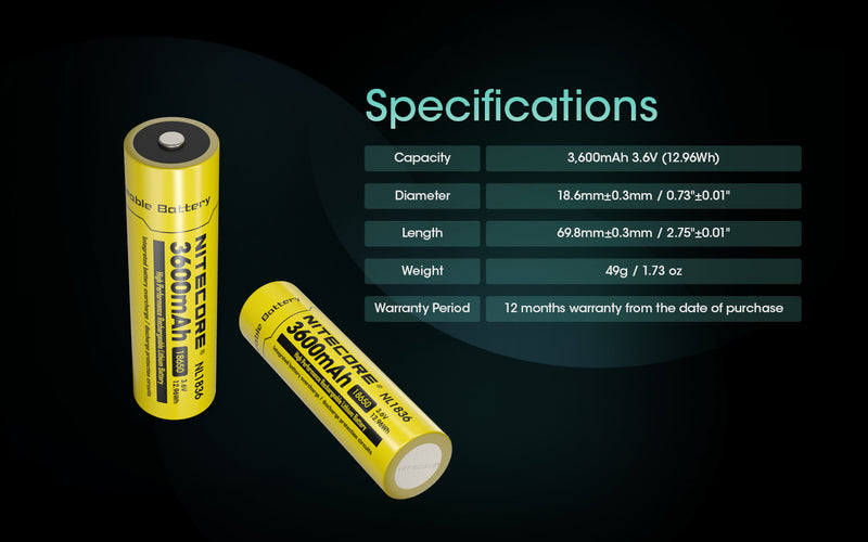 Nitecore NL1836 18650 3600mAh 3.6V Protected Lithium Ion (Li-ion) Button Top Battery with specification.