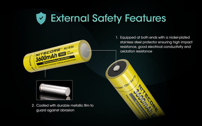 Nitecore NL1836 18650 3600mAh 3.6V Protected Lithium Ion (Li-ion) Button Top Battery with external safety features.