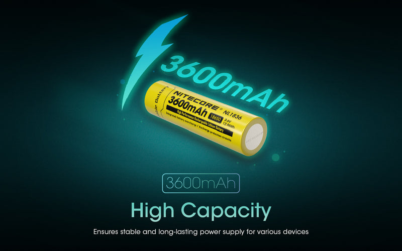 Nitecore NL1836 18650 3600mAh 3.6V Protected Lithium Ion (Li-ion) Button Top Battery with high capacity that ensures stable and long lasting power supply for various devices.