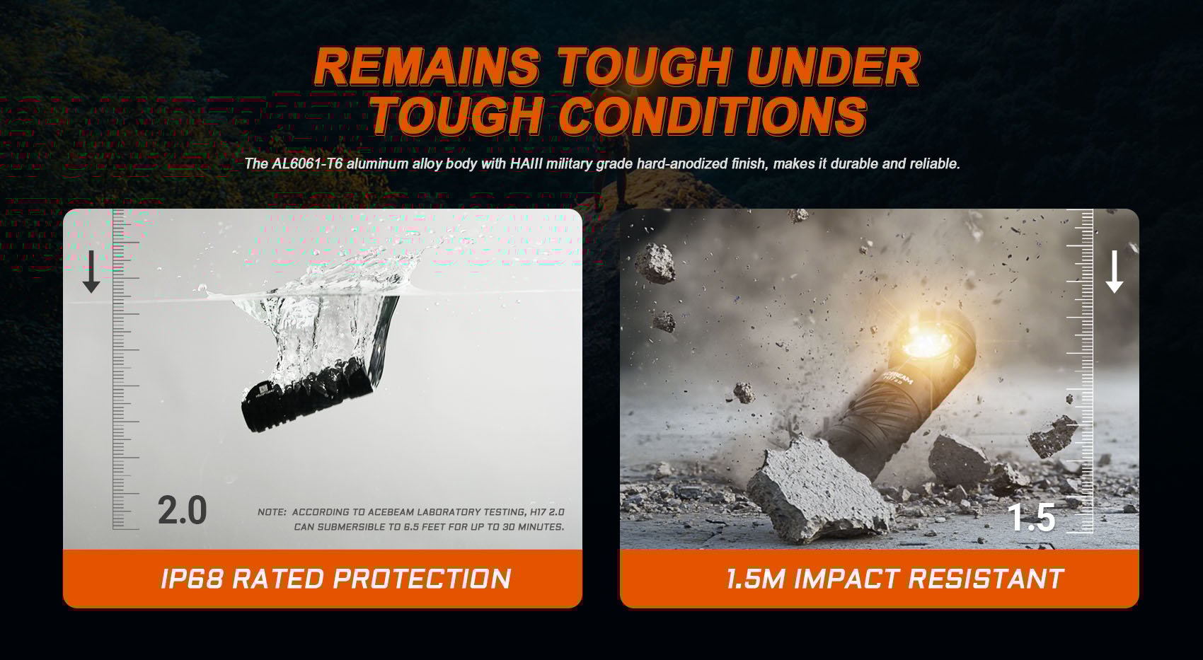 Acebeam H17 2.0 Headlamp 2000 Lumens CRI 90+ with AL606-T6 aluminum alloy body with HAIII military grade hard anodized finish that makes it durable and reliable.