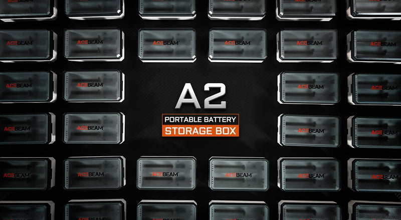 Acebeam A2 Portable Battery Storage Box with Acebeam 18650 lithium batteries.