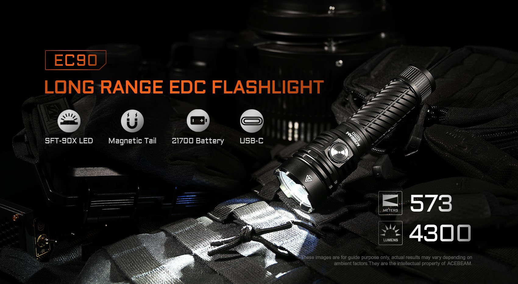 Acebeam EC90 Long Range EDC Flashlight with 573 meters  beam distance and 4300 lumens.