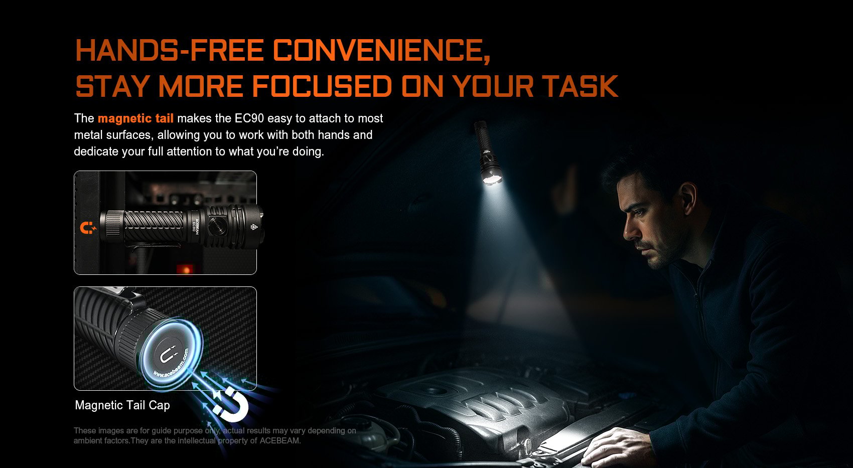 Acebeam EC90 Long Range EDC Flashlight with 573 meters  beam distance and 4300 lumens with hands free convenience and stay more focused on you task.