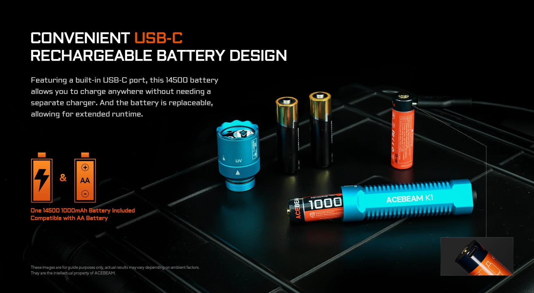 Acebeam K1 EDC Flashlight - Triple Light Source with Cyan 488nm Beam with convenient USB C rechargeable battery design.