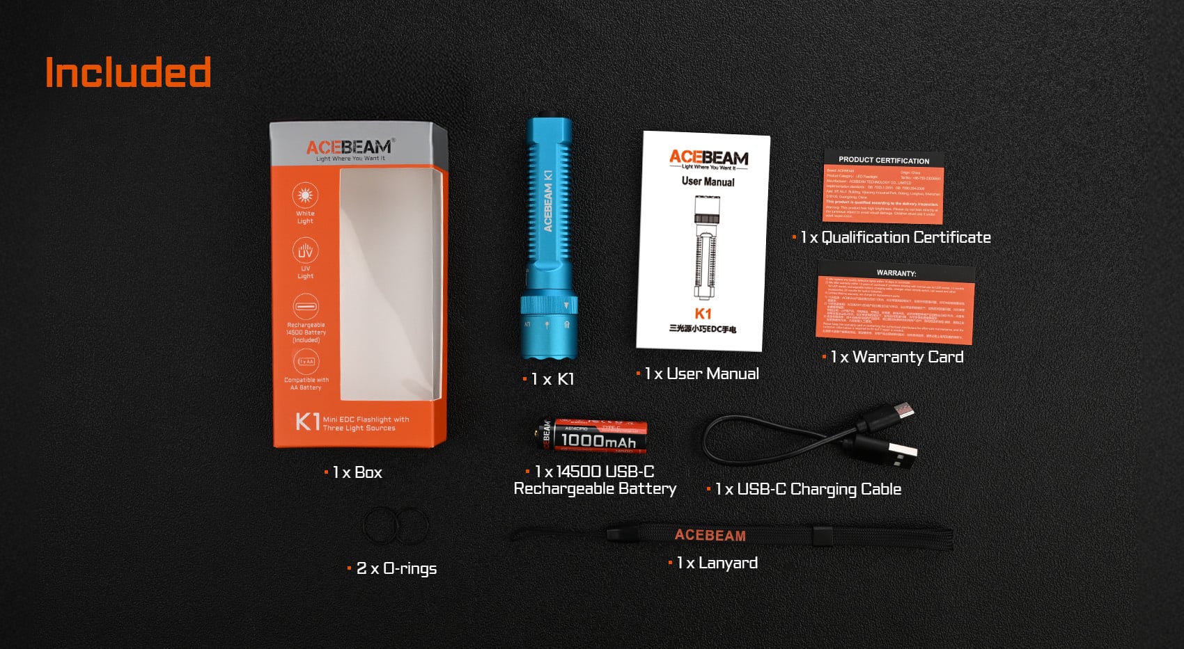 Acebeam K1 EDC Flashlight - Triple Light Source with Cyan 488nm Beam with included accessories.