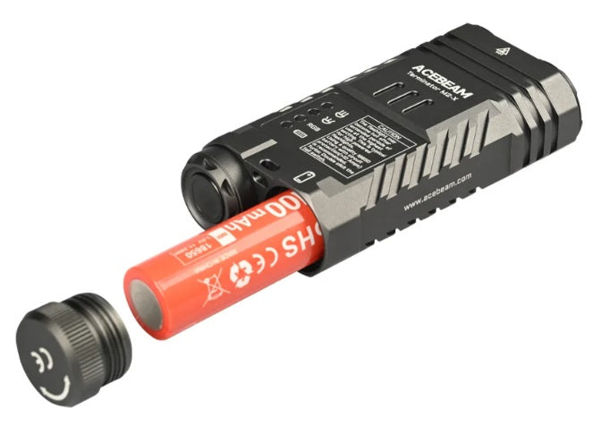 Acebeam Terminator M2-X RGB flashlight with 18650 battery.