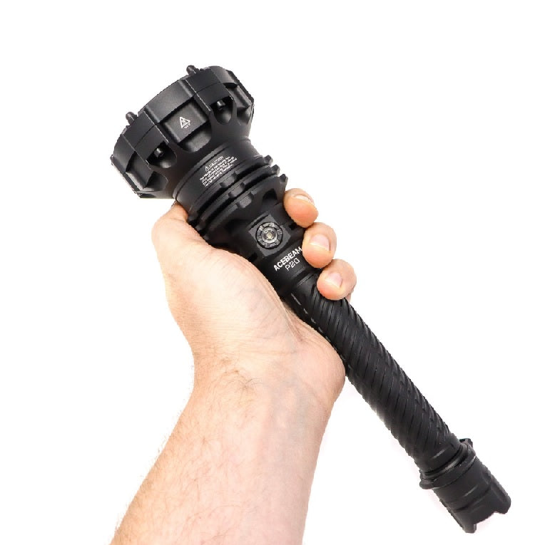 Acebeam P20 Ultra-Throw Flashlight - 1454 meters Beam holding with one hand.