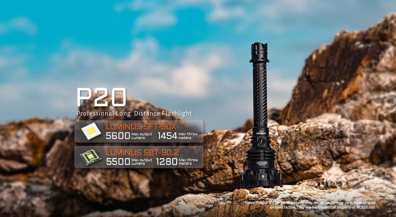 Acebeam P20 Ultra-Throw Flashlight | 1280 meter Long-Range Beam with Luminus SBT-90.2 with 1280 meters throw.